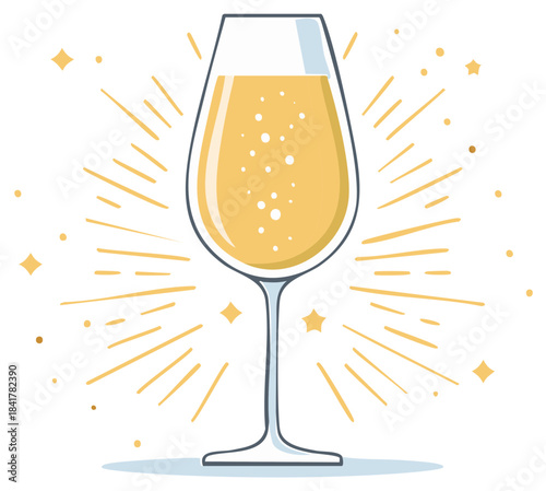 Elegant sparkling champagne glass with golden bubbles and festive stars illustration