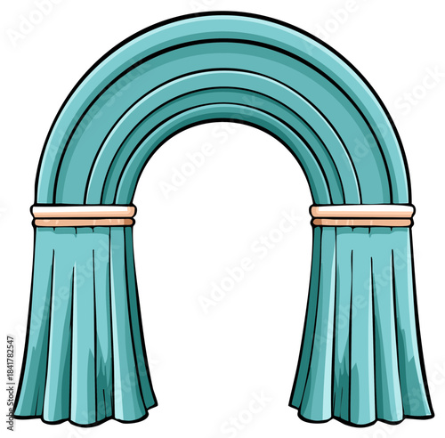 Curtain archway with teal draped fabric and decorative bands
