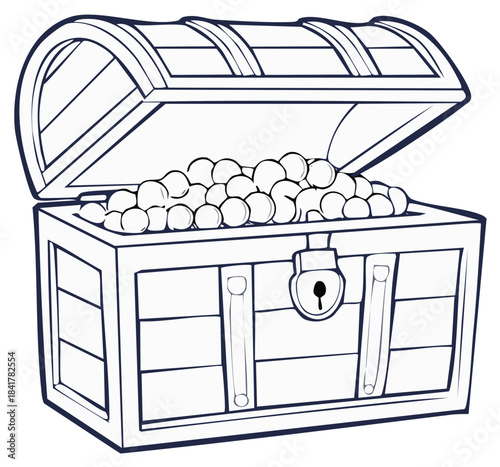 Open Wooden Treasure Chest Filled with Round Objects and Lock Illustration