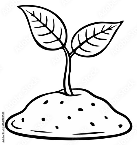 Simple line art drawing of a small plant sprout growing from soil with two leaves