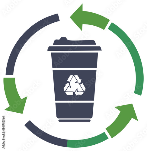 Takeout cup recycling concept with directional arrows, sustainability symbol for disposable containers promoting waste reduction and reuse