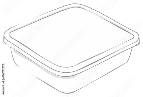 Minimalist white plastic food container with a sealed lid, clean empty storage box line art illustration