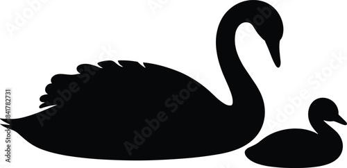 Swan silhouettes illustration, parent and child birds, black shapes, nature theme, family bond, graceful pose, vector graphic