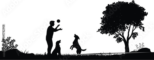 Dog playtime silhouette illustration, person tossing ball, jumping and sitting dogs, outdoor nature scene, companionship theme, vector graphic