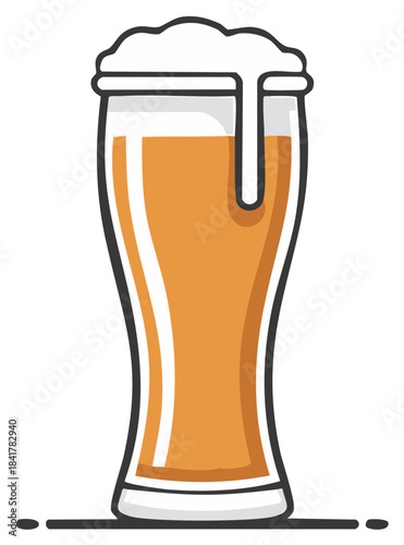Refreshing glass of foamy amber beer cartoon illustration with thick white head and drips