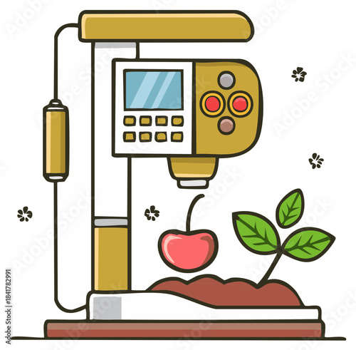 Illustration of a robotic arm creating a cherry symbolizing food science and biotechnology