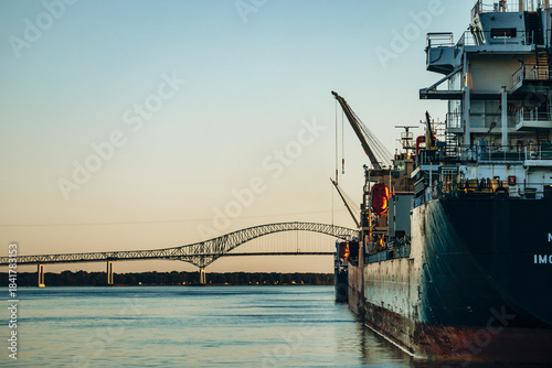 Trois-Rivieres, Canada - August 16, 2025: Cargo ship docked on the Saint Lawrence River with the Laviolette Bridge in the background at sunset