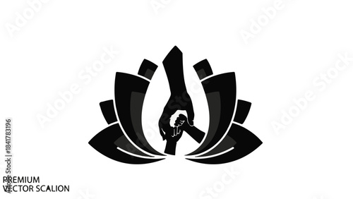 Black lotus flower with hand in center spiritual wellness symbol vector illustration for meditation yoga and healthy lifestyle concepts