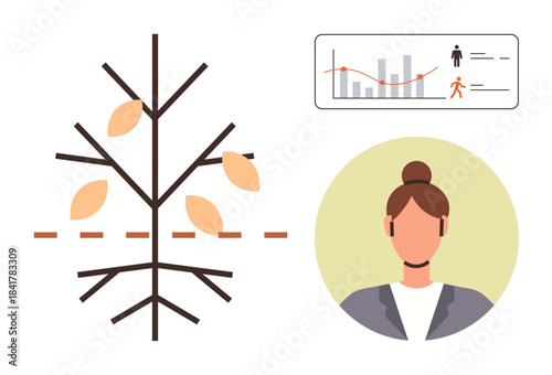 Family tree diagram with cut section, bar chart and graph framing personal statistics, portrait of a woman. Ideal for genealogy, analytics, decision-making, research, demographics, visualization