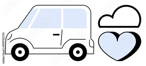 Transportation, eco-friendliness, sustainable living, urban mobility, environmental care, conscientious driving. A compact car with a heart and cloud symbol. Transportation and eco-friendliness