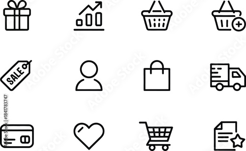 E-Commerce Line Icons Set – Shopping Cart, Delivery Truck, Sale Tag, Gift Box, User Profile, Retail and Online Store Symbols