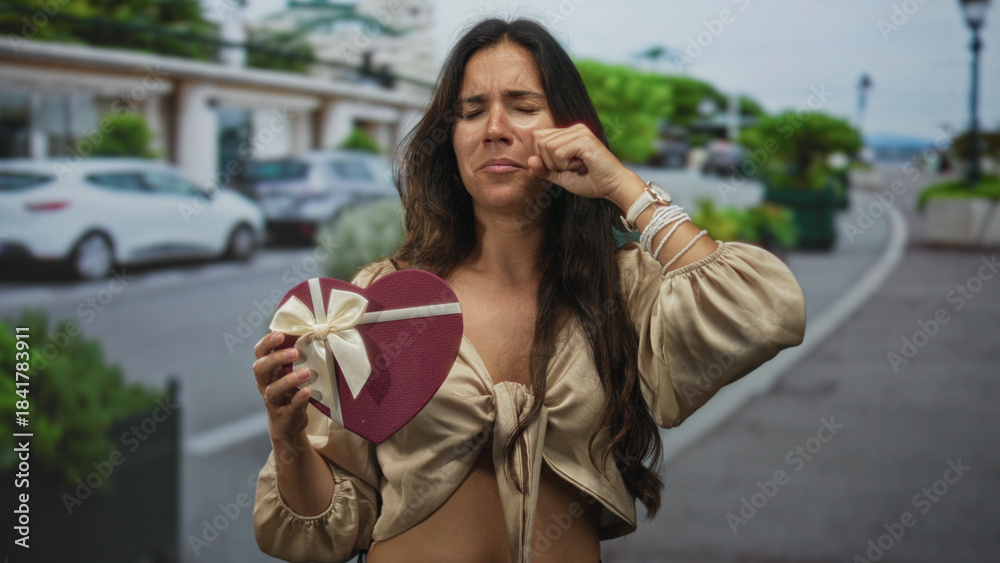 Fototapeta premium Woman holding heart shaped gift box wiping eye on city street with teary face and closed eyes; heartbreak sorrow.
