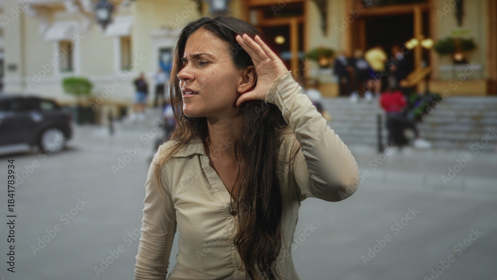 Obraz premium Woman cups hand to ear listening on a city street by building steps and crowd, profile visible; curiosity focus.
