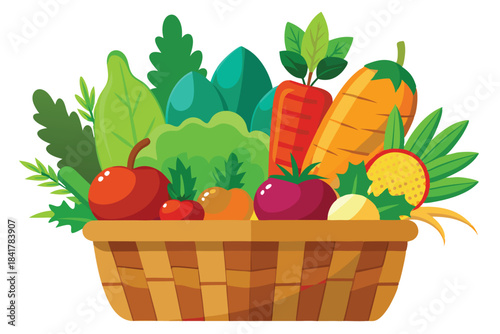 Assorted fresh vegetables and fruits are packed in a brown basket in this artistic rendering