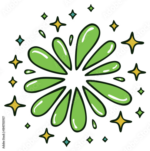 Cartoon illustration of a green liquid splash with shiny stars and sparkles