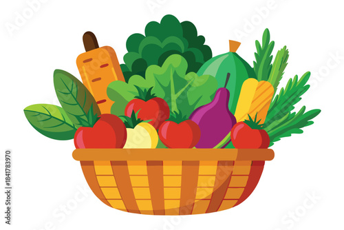 Colorful garden vegetables fill a brown woven basket, showcasing carrot, tomato, lettuce, and eggplant