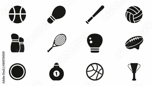 Collection of twelve black and white minimalist icons representing various popular sports equipment and awards