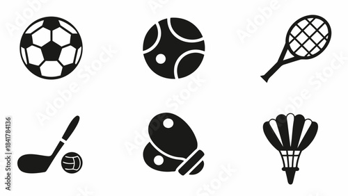 Collection of six black and white icons representing various popular sports equipment and activities for design