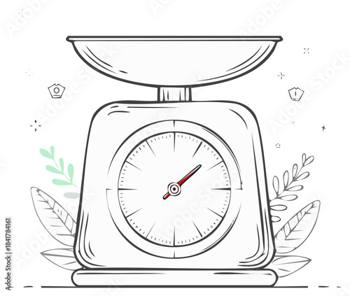 Hand drawn retro kitchen scale illustration with a bowl and red pointer for accurate weighing