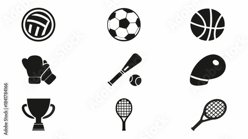 Collection of black and white sports equipment icons representing various athletic games and competition symbols