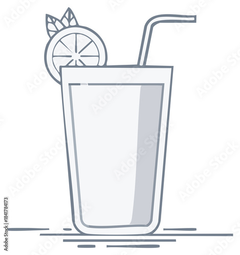Hand drawn sketch of a tall glass filled with beverage and a lemon slice garnish