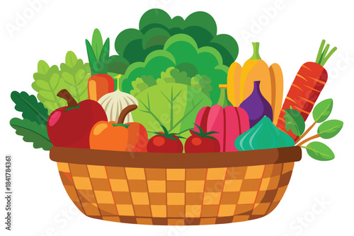 A woven basket contains a diverse array of colorful, fresh produce and vegetables