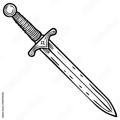 Ink drawing of a sword on white background, vintage hand drawn illustration