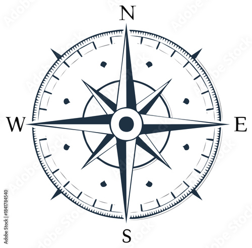 Detailed Compass Rose Diagram with Cardinal Direction Points for Cartography and Navigation