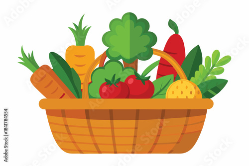 A brimming wicker basket holds vibrant carrots, tomatoes, broccoli, and a mysterious yellow fruit