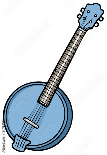 Cartoon Banjo Instrument Ready to Play Blues or Folk Music.  Stringed Musical Instrument with Frets and Tuners for Musicians