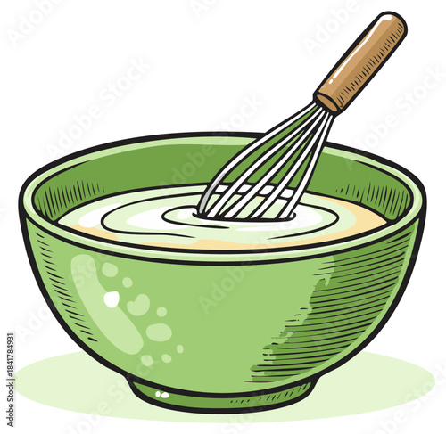 Cartoon kitchen whisk stirring creamy batter in a vibrant green mixing bowl for baking