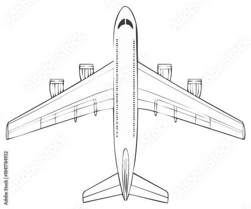 Top down view of a jet airliner with four engines and wide wings on white background
