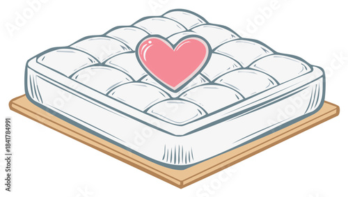 White tufted mattress with pink heart promoting love and cozy sleep