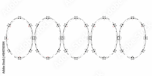 A series of five ornate connected oval frames in a minimalist style