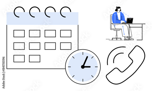 Scheduling concept. Calendar, clock, and customer service symbols managing appointments and efficient time allocation. Scheduling tools improve business operations. For productivity, time management