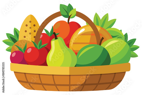 A bountiful harvest of colorful fruits and vegetables is displayed inside a woven basket