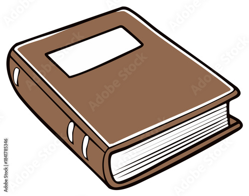 Cartoon illustration of a thick closed brown book with a blank label on the cover