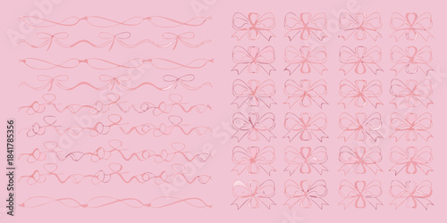 A collection of delicate pink hand drawn bows and swirling line art patterns