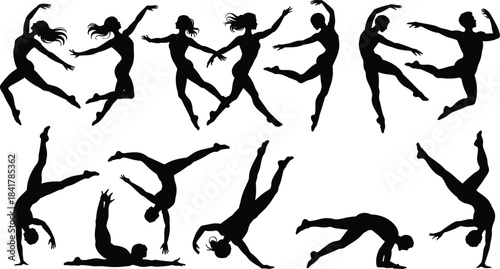 Dynamic dancer and acrobat silhouette collection showcasing energetic jumps, expressive movement poses, athletic choreography and flexible motion for creative vector illustration designs