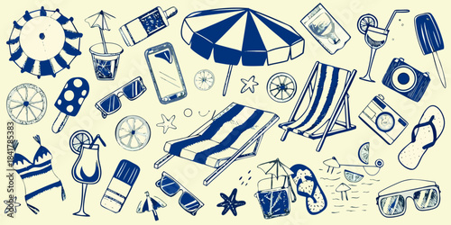 A whimsical collection of summer themed doodles and illustrations in blue tones