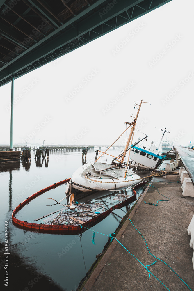 Naklejka premium Sunken ship near bridge in Gothenburg with water reflecting the cloudy sky