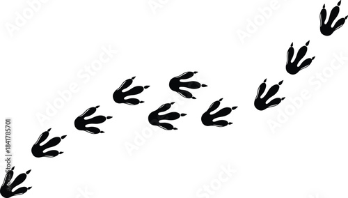 Black silhouette dinosaur footprint path vector icon set; collection of various prehistoric animal tracks; reptile trace for paleontology exhibit; natural history museum concept isolated on white back