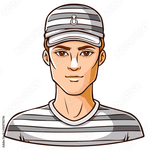 Man Wearing Striped Prisoner Uniform and Cap with Neutral Expression