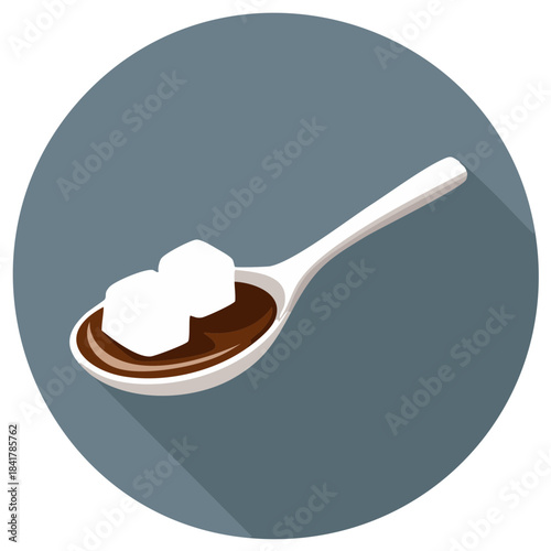 Conceptual Illustration of Sugar Cubes Dissolving in Dark Liquid on a White Spoon Inside a Circle Shape