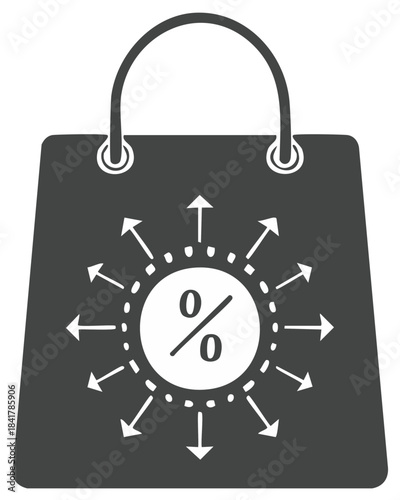 Shopping Bag with Percentage Discount Symbol and Arrows Suggesting Wide Reach of the Sale