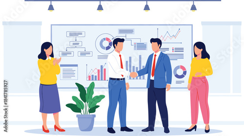 Business Team Celebrating a Successful Agreement with a Handshake, Financial Presentation, Data Analysis, and Chart Illustration in a Conference Meeting Room, Partnership.
