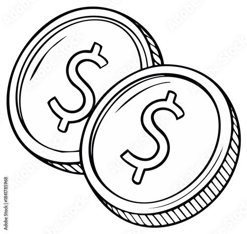 Hand drawn illustration of two dollar coins black and white line art sketch
