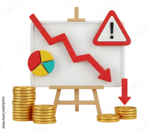 Financial decline chart with warning symbol png