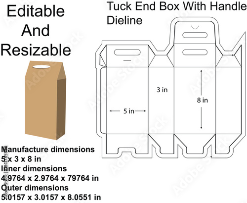 Tuck End Box With Handle Dieline And Dimensions Editable Text handle box packaging design