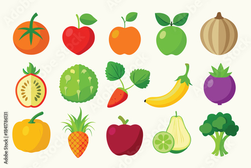 Colorful assorted fruit and vegetables collection offers healthy flat icon options for balanced nutrition